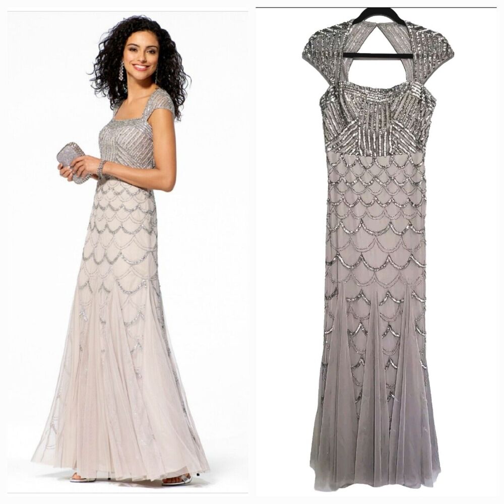 Cache Grey Beaded Sequin Maxi Mermaid Gown sz 6 Cap Sleeve Formal Black Tie